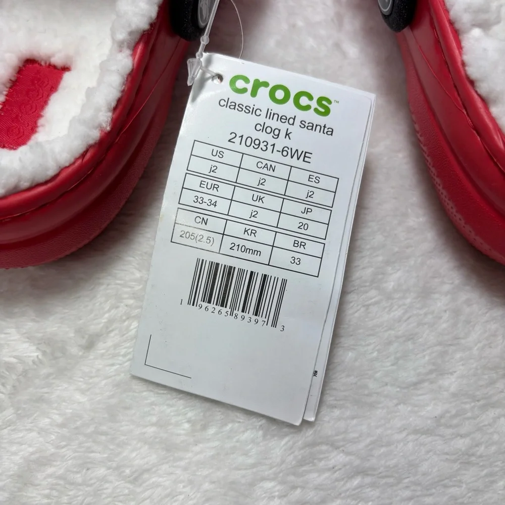 CROCS Classic Lined Santa Christmas‎ Red Clogs White Lining and Black Strap J2